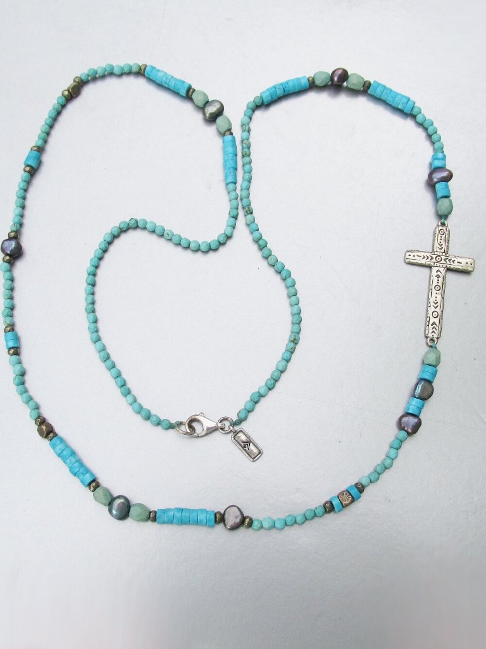 SILPADA Howlite Pearl Pyrite Sterling Silver IDEAL CROSS 28" Long Necklace N3028
